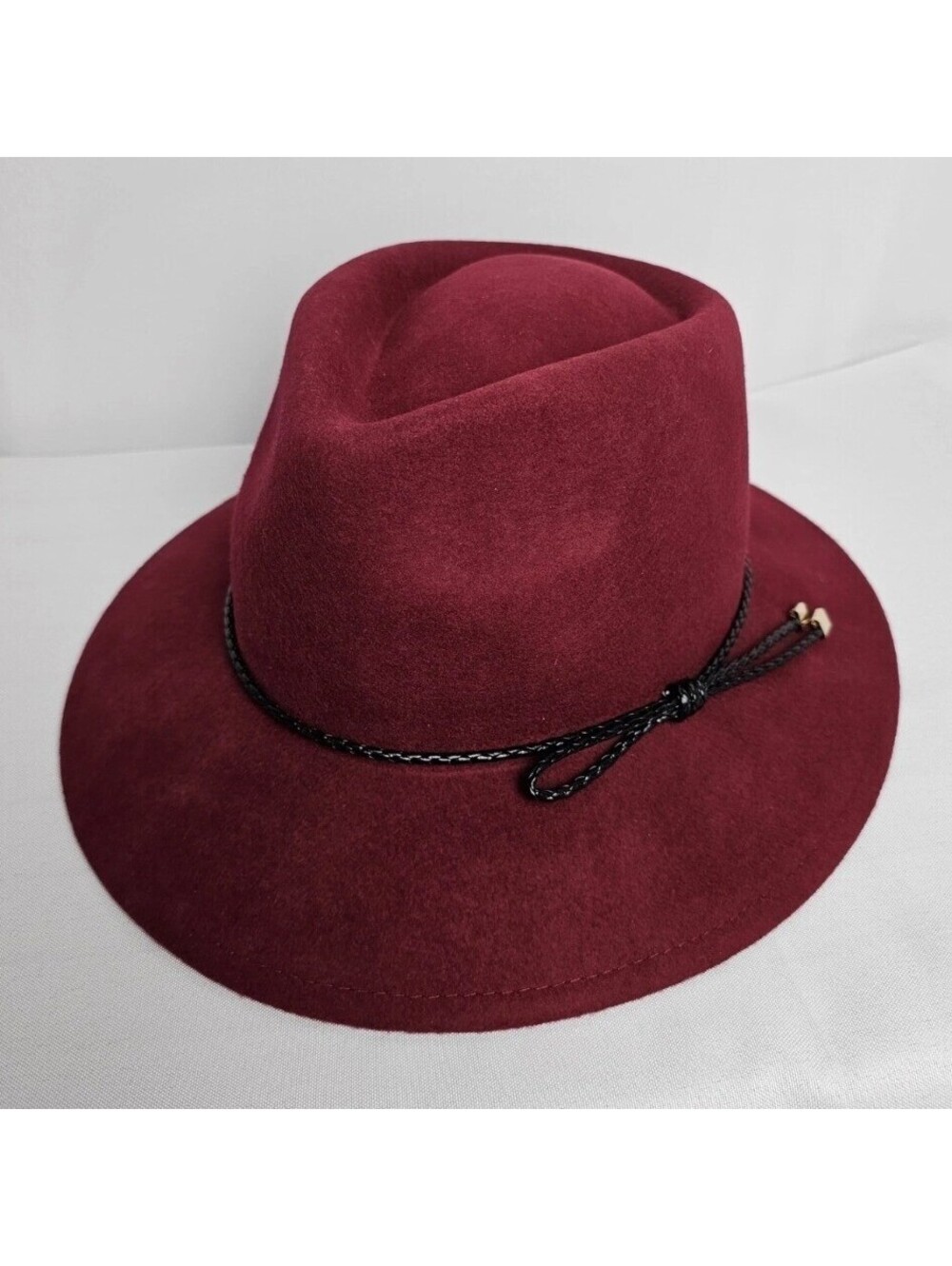 New Summer & Rose Burgundy Wool Fedora Hat Wide Brim Black Braided Band Boho